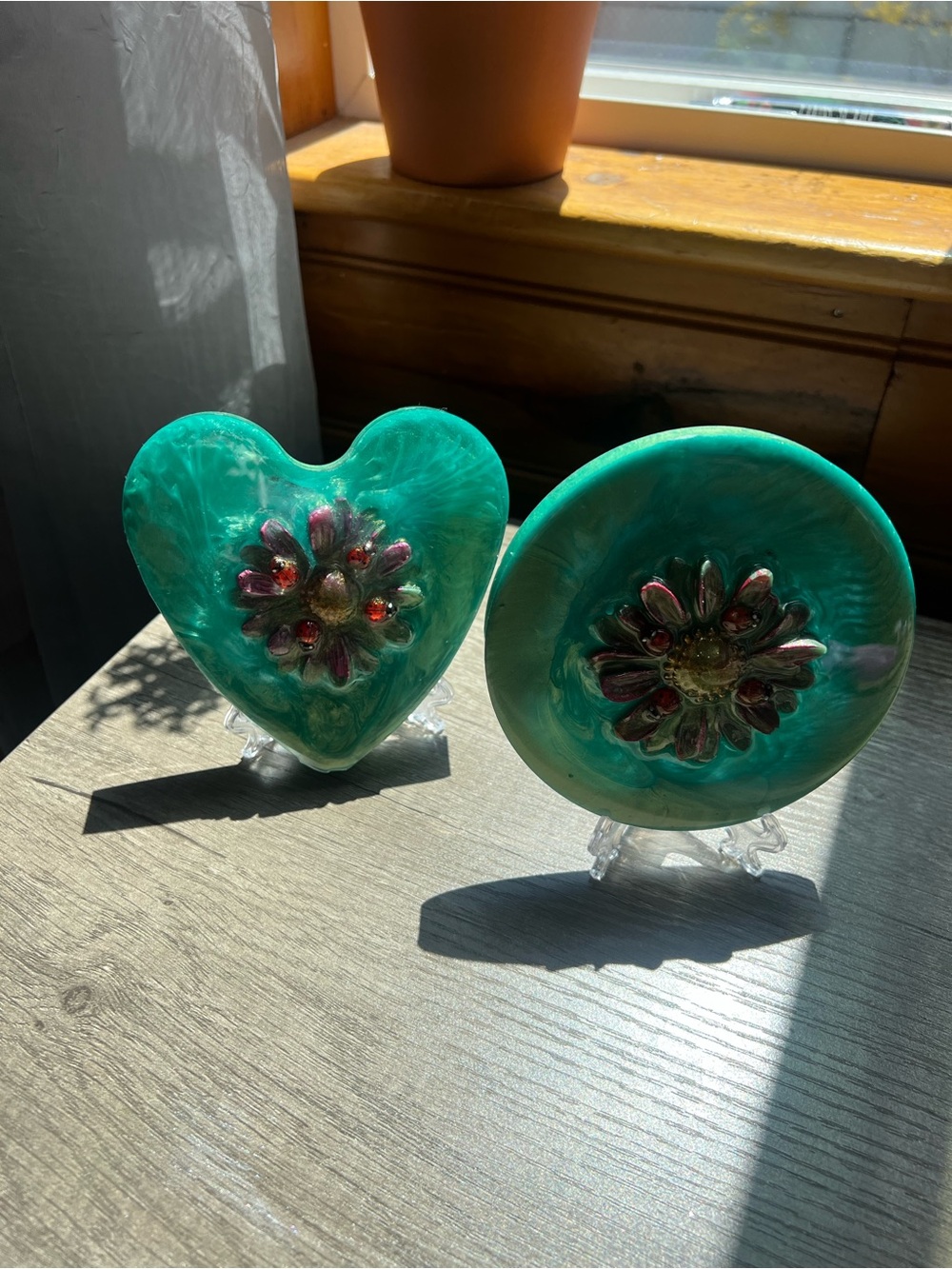 Handmade Teal Resin Heart & Round Decorative Art Pieces with Floral Accent